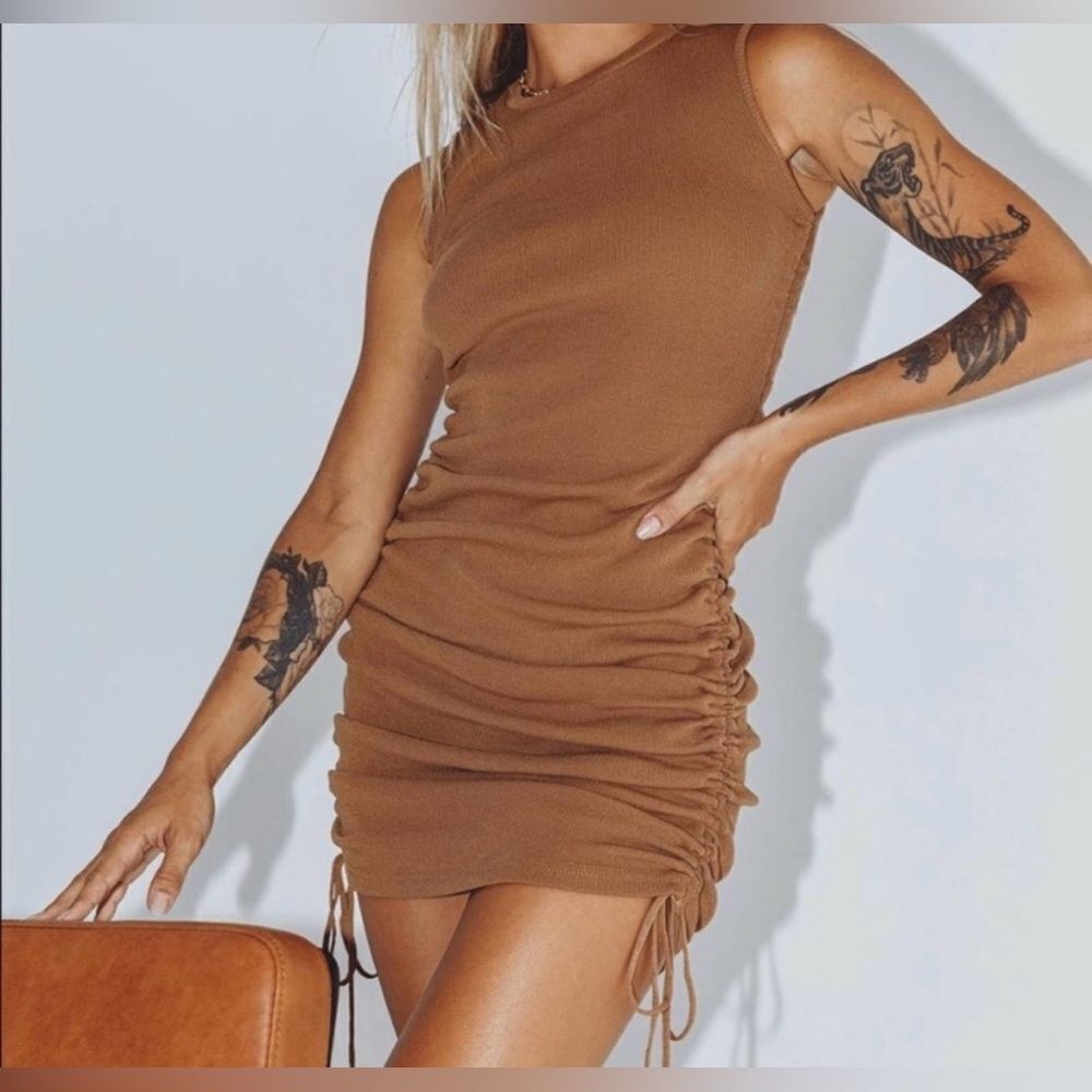 Lioness Tan Military Minds Ruched Ribbed Drawstring Mini Dress